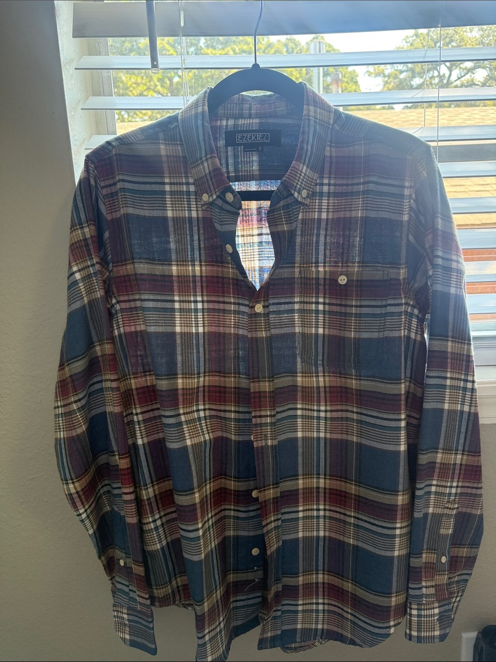 Ezekiel Men's Navy and Burgundy Plaid Button-Down Shirt